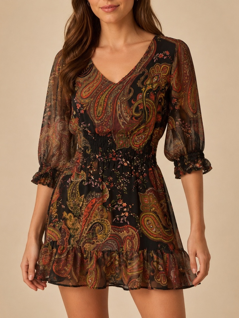 🍂✨ Paisley Western Boho Chic Indie Whimsygoth Smocked-Waist Mini Dress US 4